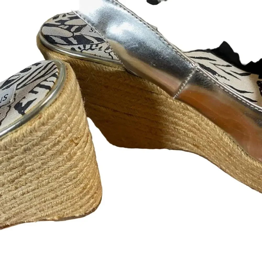Steve Madden Women Metallic Silver Open Toe Ankle Espadrille Wedge Sandals Sz 10